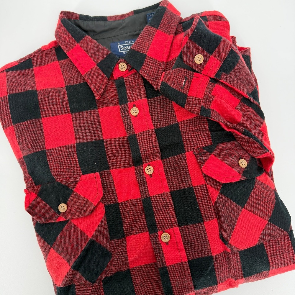 Vintage Sears Shirt Mens XL X-Tall 17-17.5 Red Black Buffalo Plaid Flannel 70s